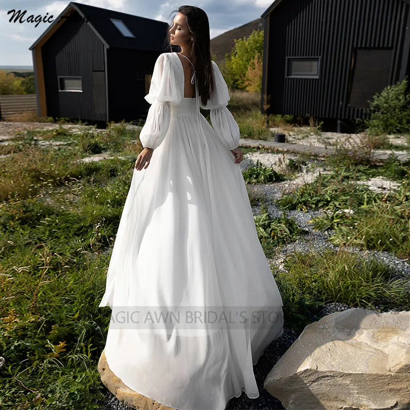 Magic Awn – robe De mariée bohème à manches longues, Illusion De col en v, Simple, en mousseline, robe De plage, ligne a, 2022