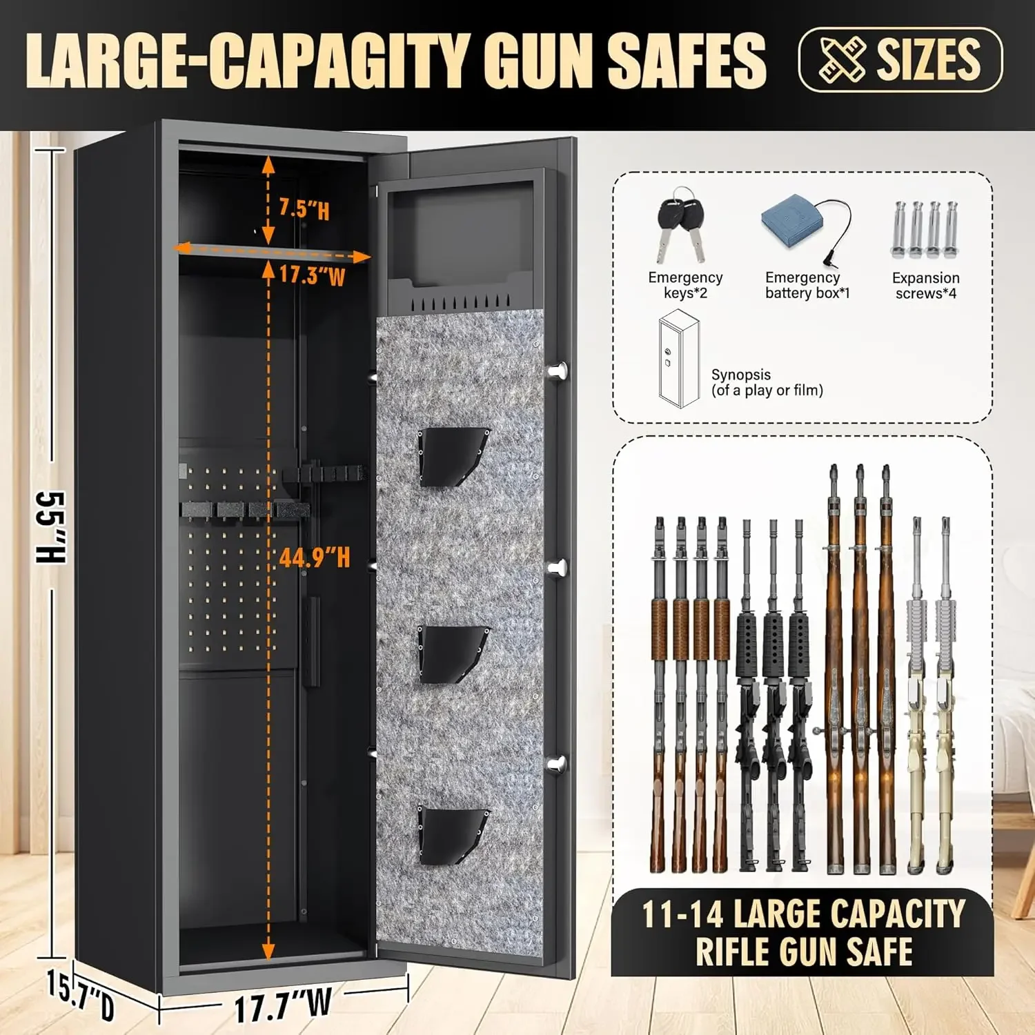 10-15 Large Gun Safe Cabinet with 3 Pistol Pouches,Heavy-Duty Gun Safes for Rifles and Shotguns Money