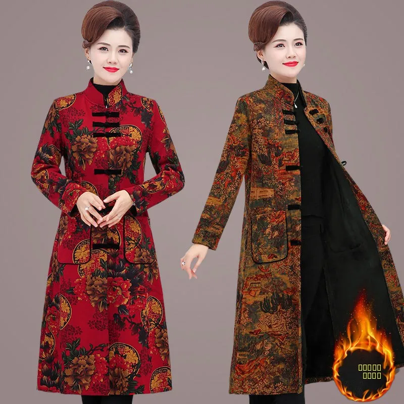 

Этническая хлопковая куртка женская свободного кроя средней длины на флисовой подкладке для осени и зимы, удобная для повседневной носки