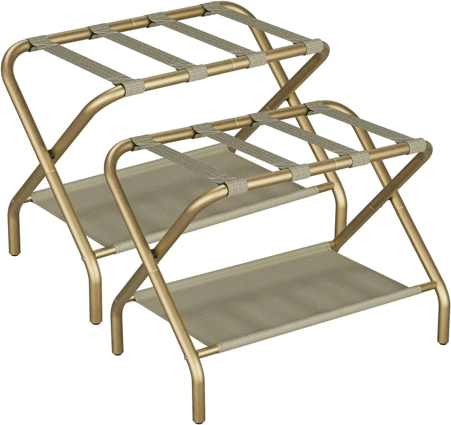 Gold Luggage Rack Pack of 2, Foldable Suitcase Stand with Fabric Storage Shelf, Luggage Holder with 4 Nylon Straps for Hotel Gue