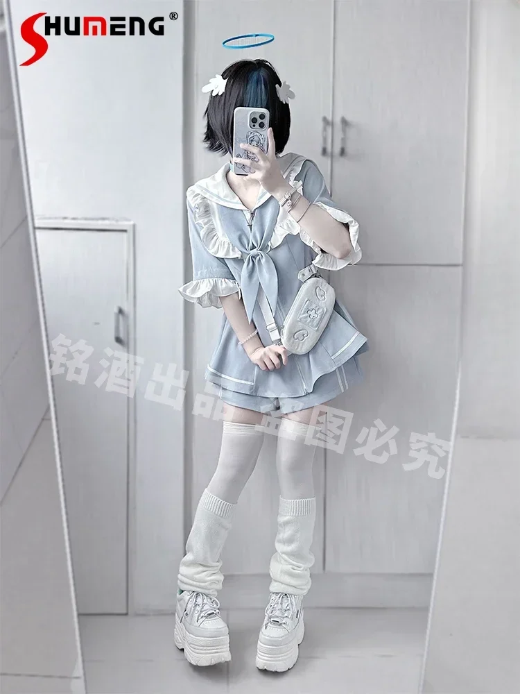 Japanese Mine Series Mass-produced Navy Collar Lace Splicing Sleeve Zipper Short Dress High Waist Shorts Two-piece Sets Women