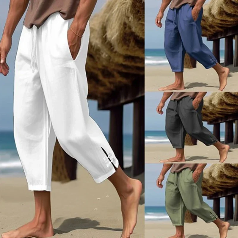 

Seaside Beach Daily Leisure Mens Linen Pant Spring Summer Fashion Side Slit Design Thin Pant Men Casual Loose Three Quarter Pant