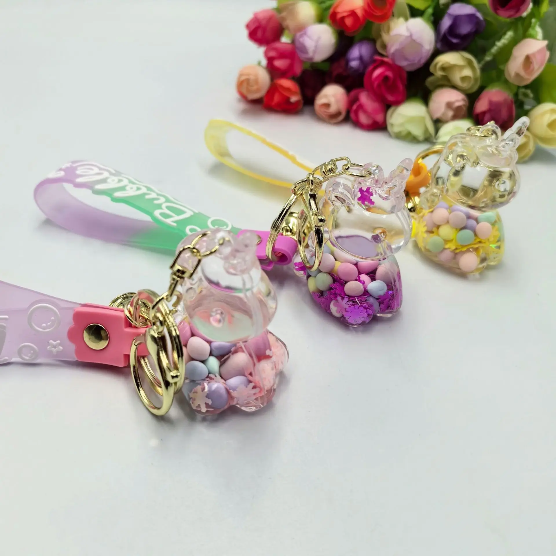 Cartoon Unicorn Keychain Acrylic Creative Floating Sequins Walk Liquid Design Quicksand Unique Gift