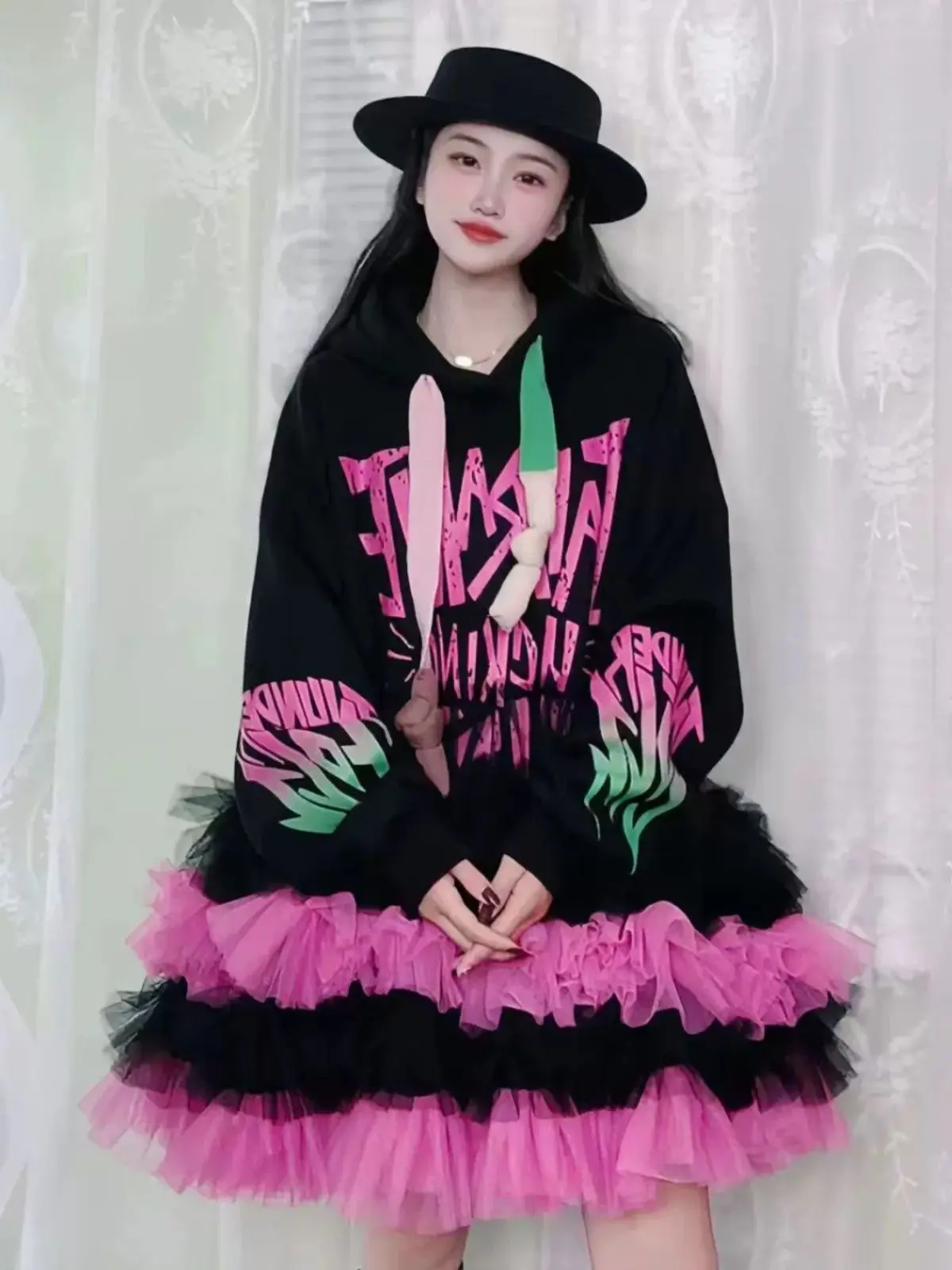 Letters Printed Mesh Ruffles Hooded Sweatshirt Graffiti Hand-Painted Long Pullovers Gauze Pleated Lotus  Patchwork Hoodies Tops