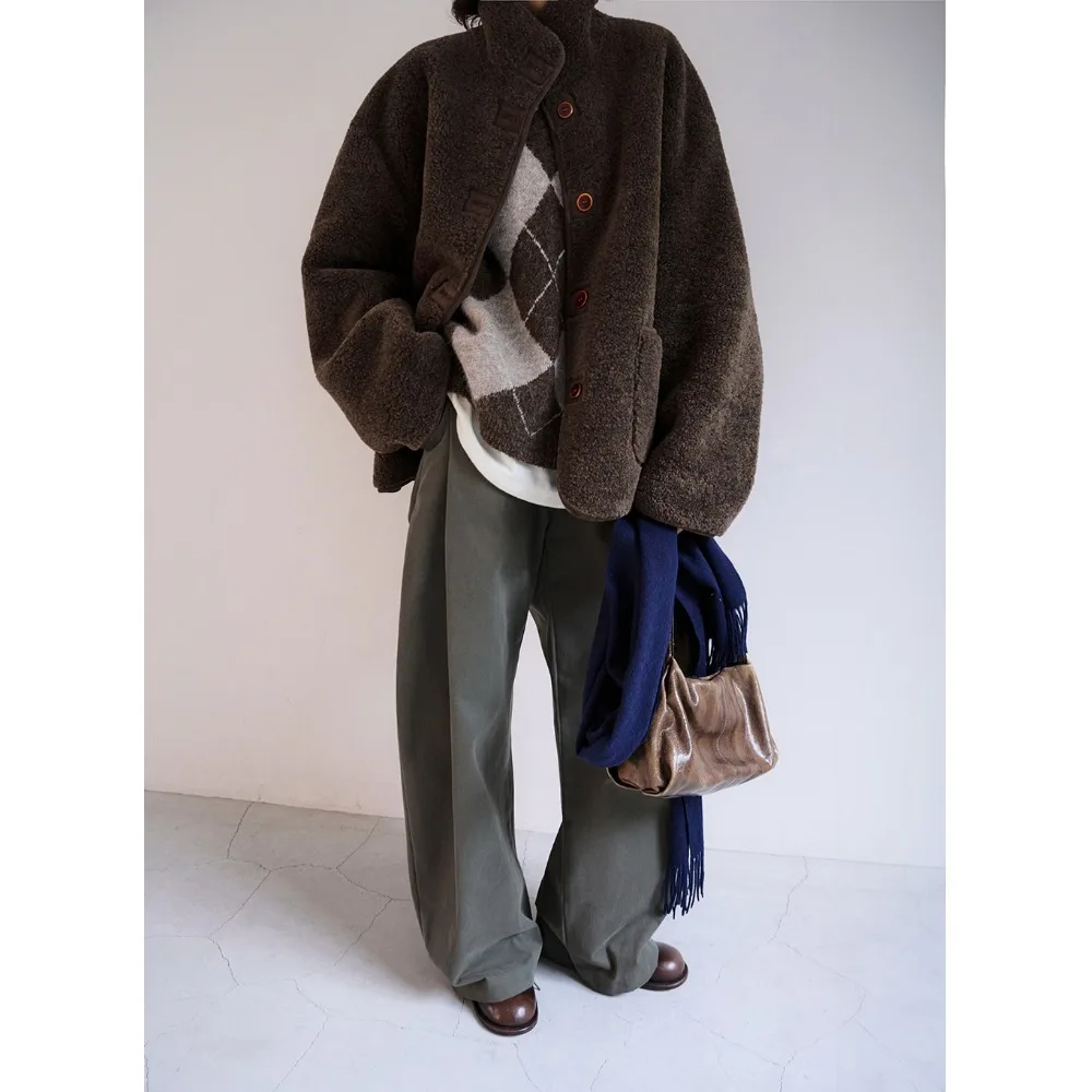 Jaet de piel de cordero para mujer, ropa de abrigo informal con diseño de un solo botón y cuello levantado, estilo callejero, coreano, para primavera, Otoño e Invierno