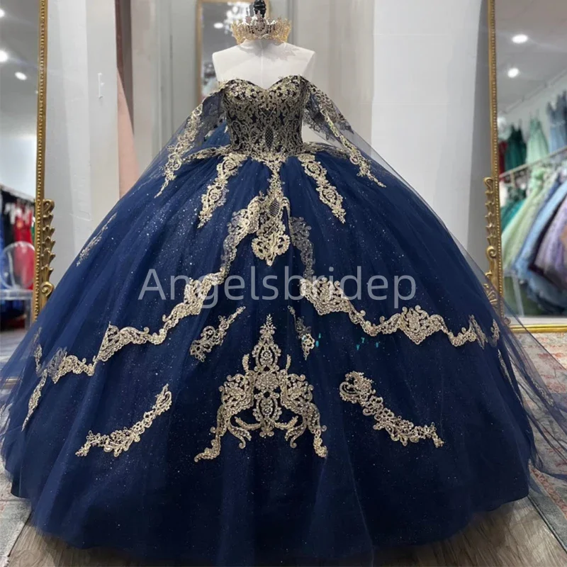 Angels bridep Marineblau Quince anera Kleider für 16 Mädchen von der Schulter Gold Applikationen Perlen Prinzessin Ballkleider Geburtstag Abschluss ball