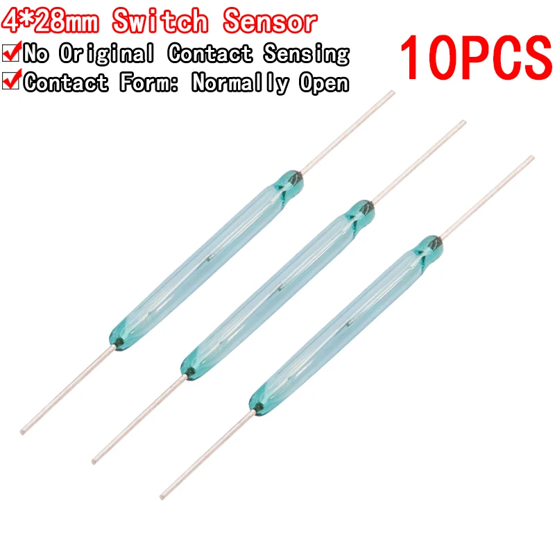 10Pcs 4*28mm Magnetic Reed Switch Sensor Normally Open DIY Green Glass 4x28MM NO Original Contact Induction