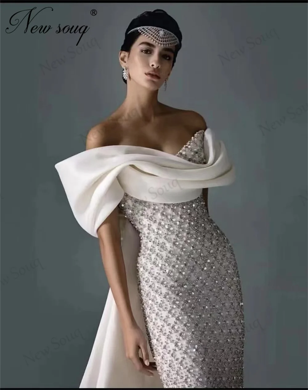 Gorgeous White Beaded Sequins Prom Dresses Elegant Dubai Mermaid Long Celebrity Evening Dress Couture Off Shoulder Party Gowns