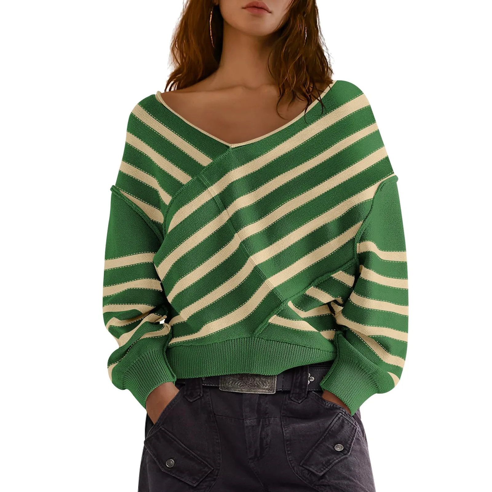 Tops For Women Autumn New Casual Long Sleeve V-Neck Pullover Tops Daily Loose Comfortable Splicing Stripes Sweatshirts Tops