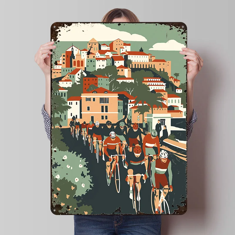 Cycling Through Italian Town Printed Poster Customized Wall Art Retro Vintage Metal Tin Signs for Office Decoration Gaming House
