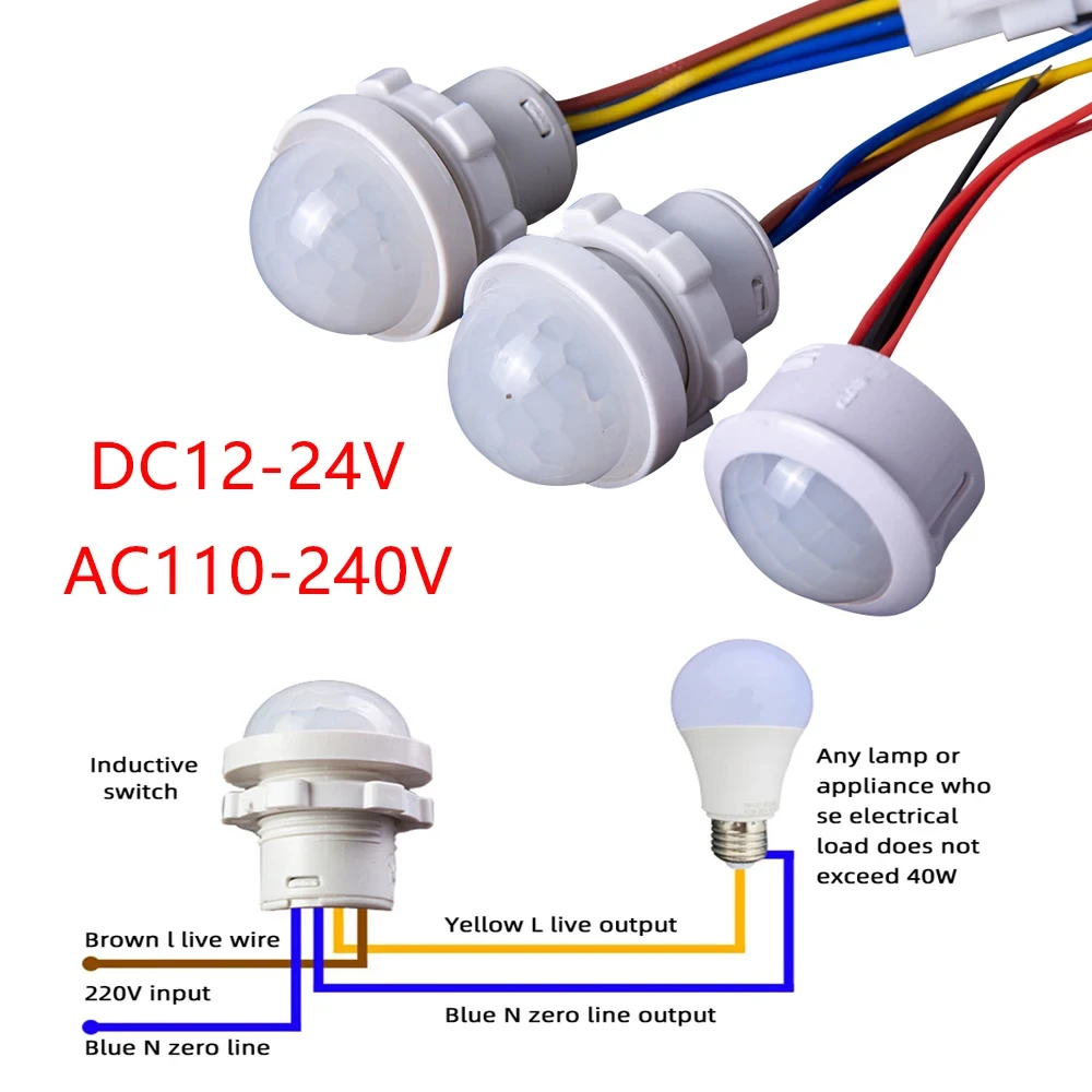 Interruptor De Luz Sensor Automático, LED PIR Sensor De Movimento Infravermelho, Mini LED, Luz Noturna Sensível, Interior e Exterior, AC110-240V