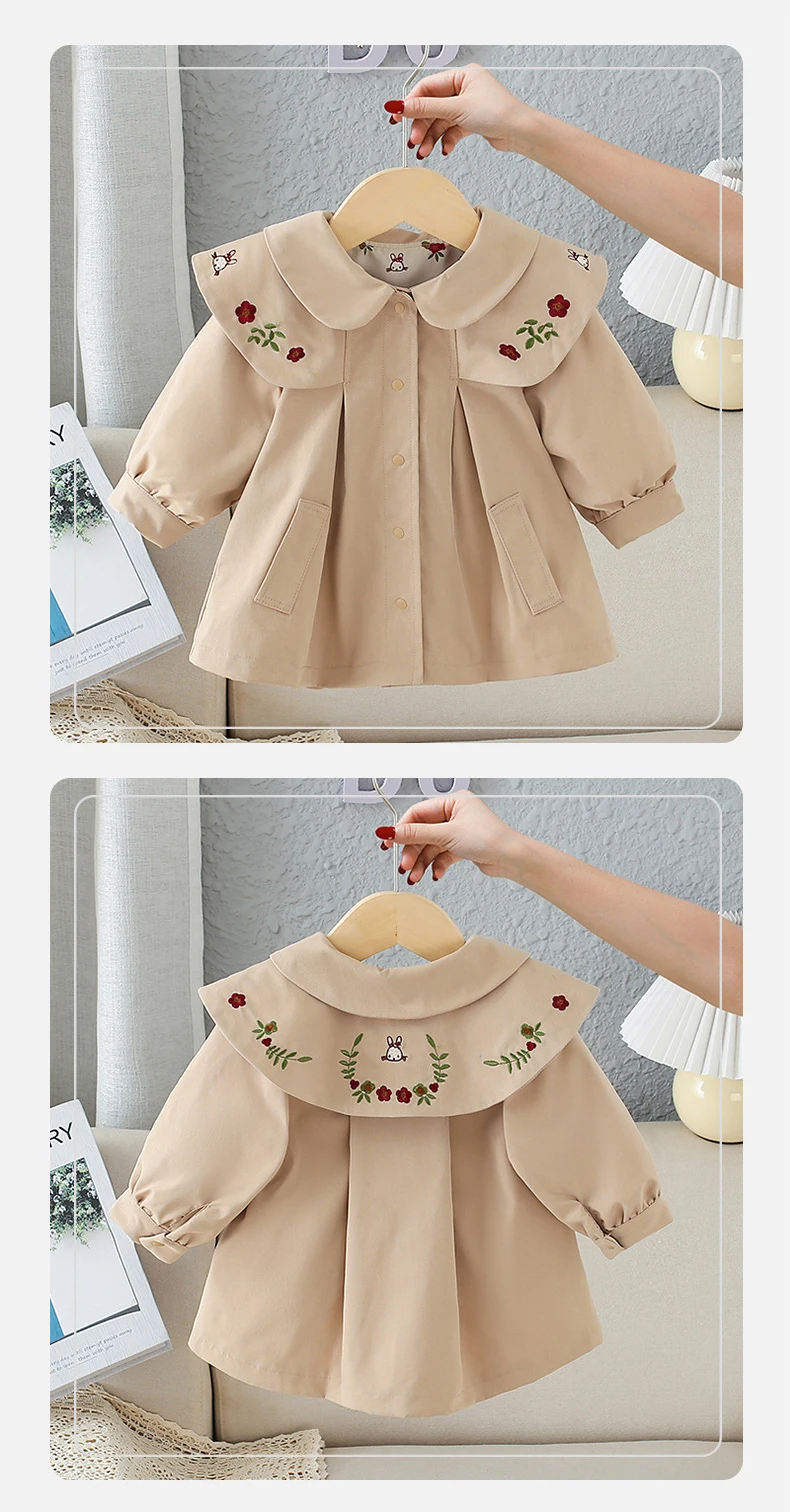 Langärmliger, bestickter Windjacke-Mantel für Frühlingsmädchen für Babys und Kinder. Kontrahierte Freizeit-Kinderkleidung für Kleinkinder – Detail 5
