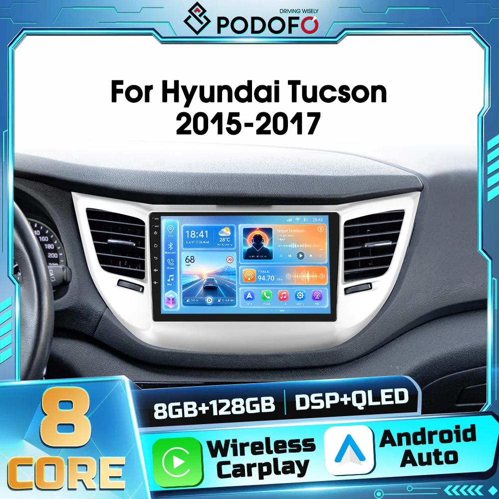Podofo 2din Lettore Multimediale Android per Auto per Hyundai Tucson 2015-2017 Carplay Wireless Autoradio Navigazione GPS Android Auto WIFI DSP Ricevitore FM RDS Bluetooth