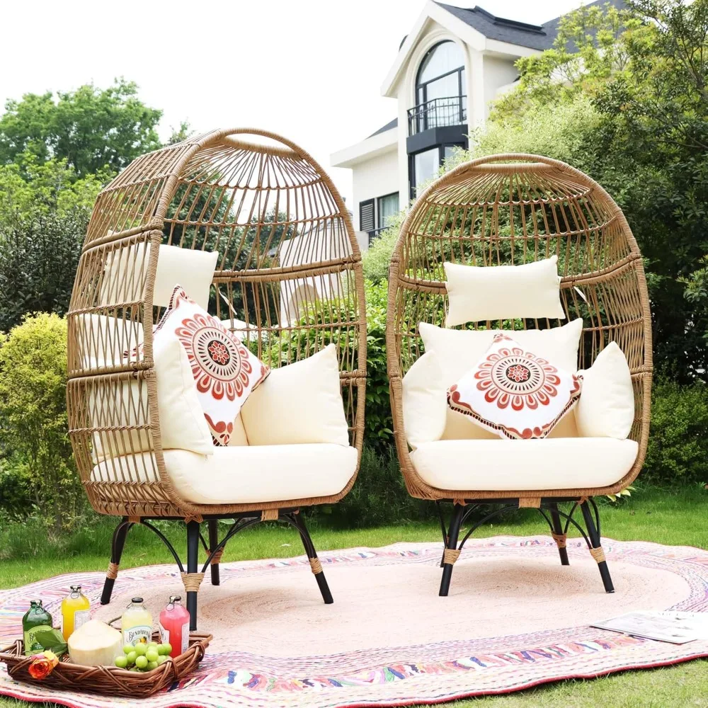 

2Pcs Outdoor Patio Furniture Set, PE Rattan Woven Lounge Stationary Egg Chairs with Legs, Boho Style Double Chair Loveseat Sofa