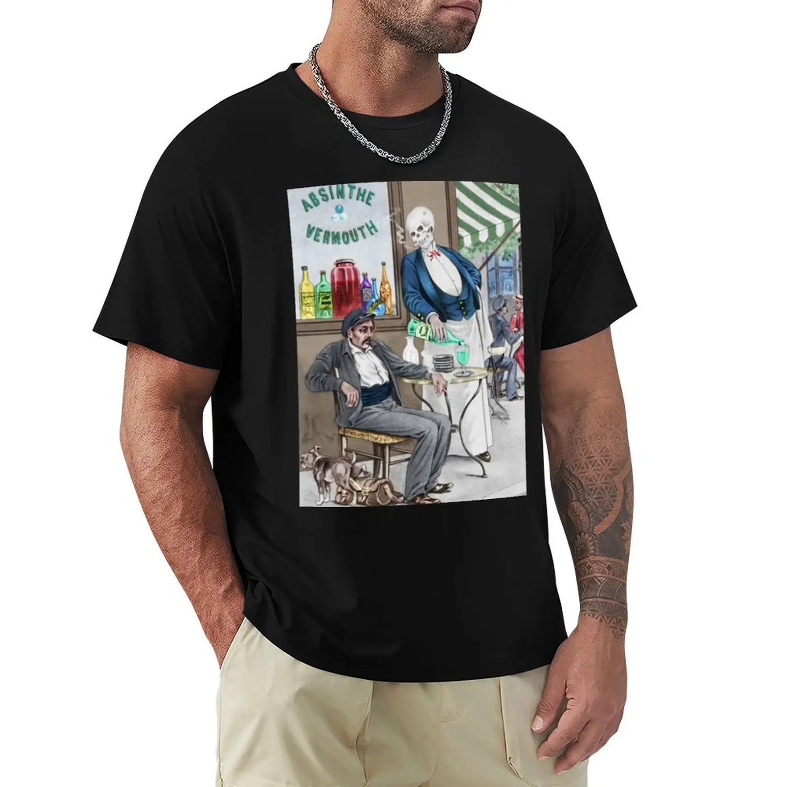 

1900 Absinthe Vermouth Aperitif Paris Cafe Black Death Skeleton Waiter Vintage Advertising Poster T-Shirt