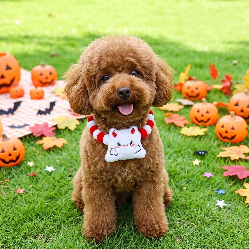 30/50 Stück Halloween Pompon-Haustierhalsband Niedliches Kürbis-, Fledermaus-, Spinnen-, Totenkopf-, Teufel-Deko-Halsband Kleines Welpen- und Katzen-Kostümzubehör – Detail 4