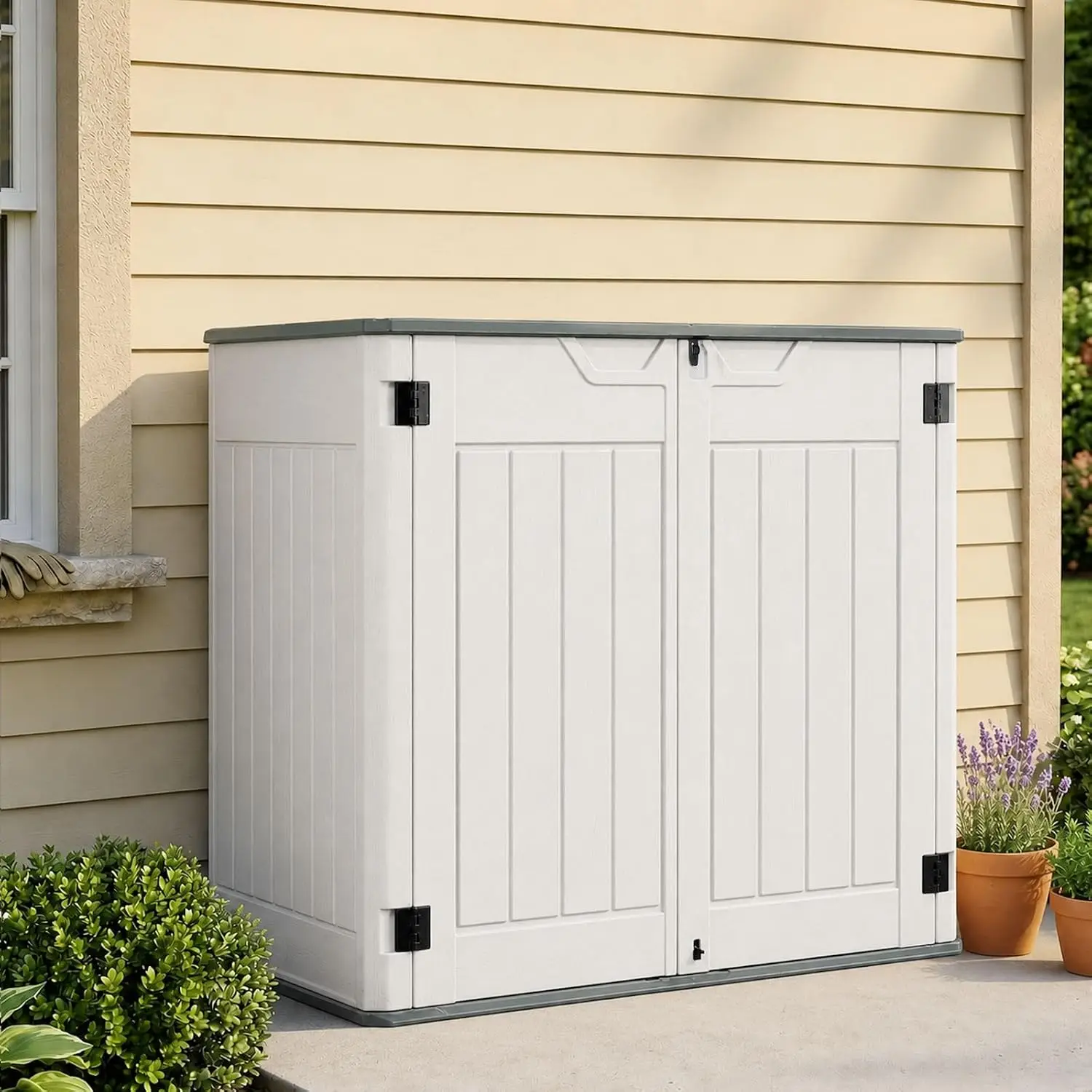 Horizontal Resin Storage Shed 47 Cuft Waterproof Plastic Cabinet 4.5x2.8ft Garden Tool Lawn Mower Storage, Customized