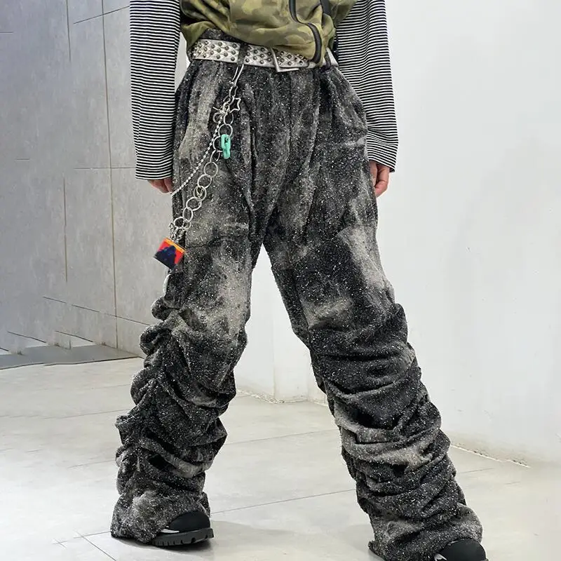 MWJLPWQ رمادي التعادل صبغ تصميم الجينز الرجال شارع العليا المتخصصة خمر فضفاض واسعة الساق عادية تنوعا للجنسين السراويل الطويلة جديد 010964