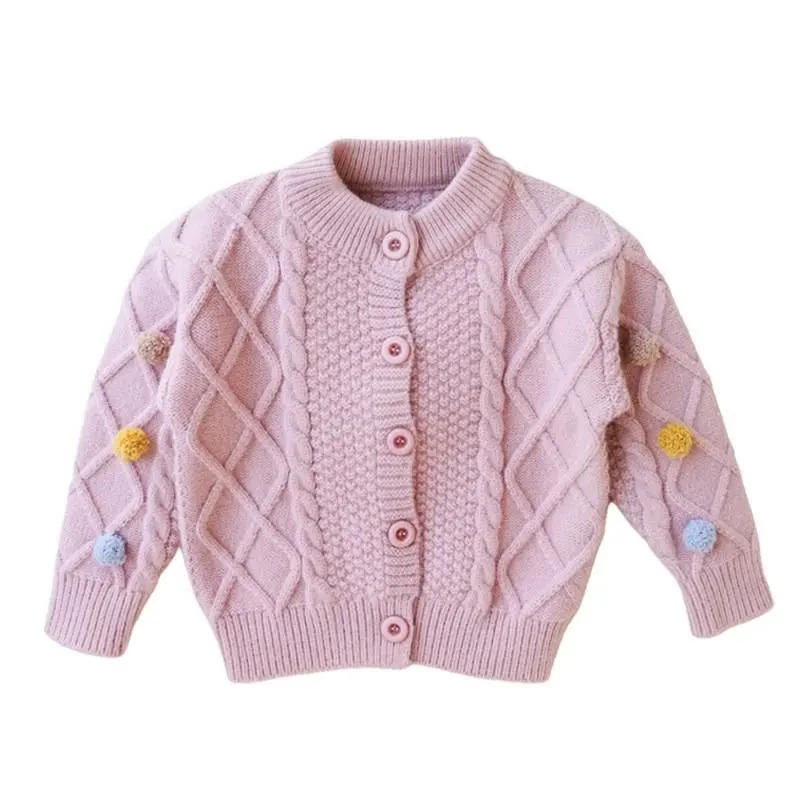 Girls Cardigan Sweater Spring Fall New Kids Sweet Cute Pompom Knitted Jacket Toddler Warm Outerwear Children Clothing