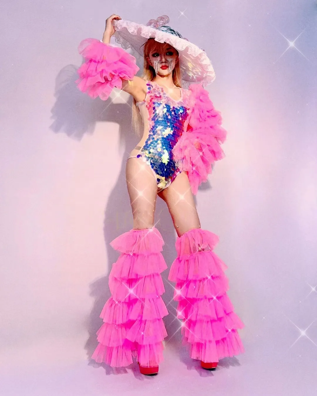 Nightclub Gogo Performance Stage Wear Shiny Scale Sequins Bodysuit Pink Gauze Leg Cover Rave Outfit Bar Dance Drag Queen Costume