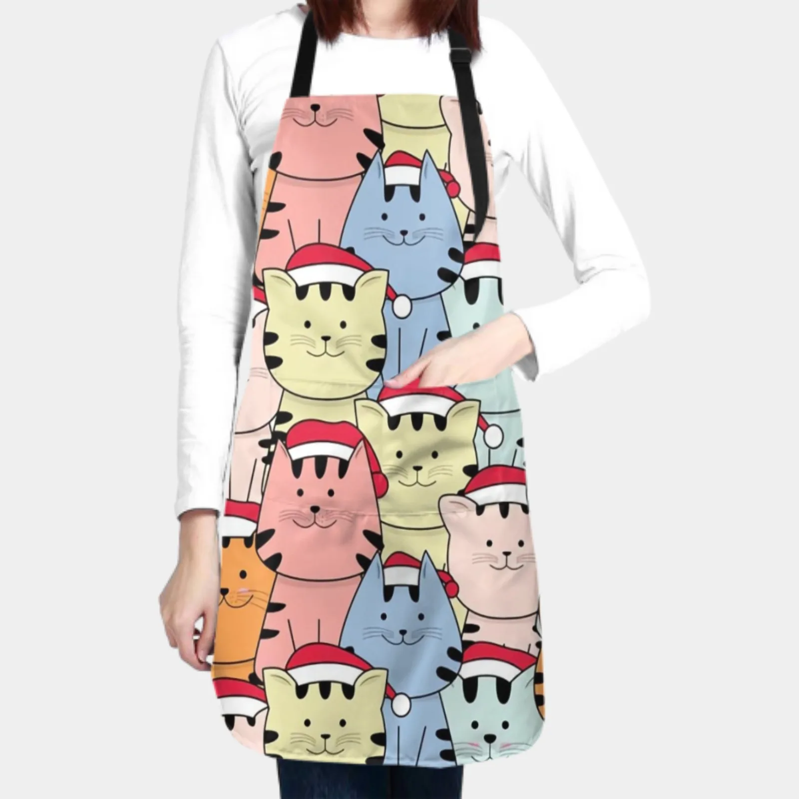 Cartoon Cat Waterproof Apron with 2 Pockets Kitchen Chef Apron  Apron for Hair Brushing Cooking Baking Painting Gardening