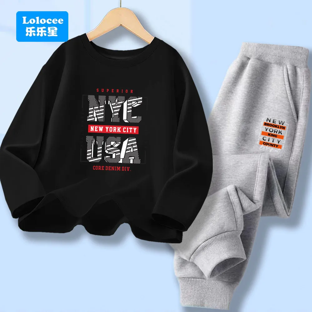 Jungenmode New York Print Langarm T-Shirt und Hose 2-teiliges Set Kinder Casual Top Bottom Outfits Kinder Trainingsanzug ZMNY3