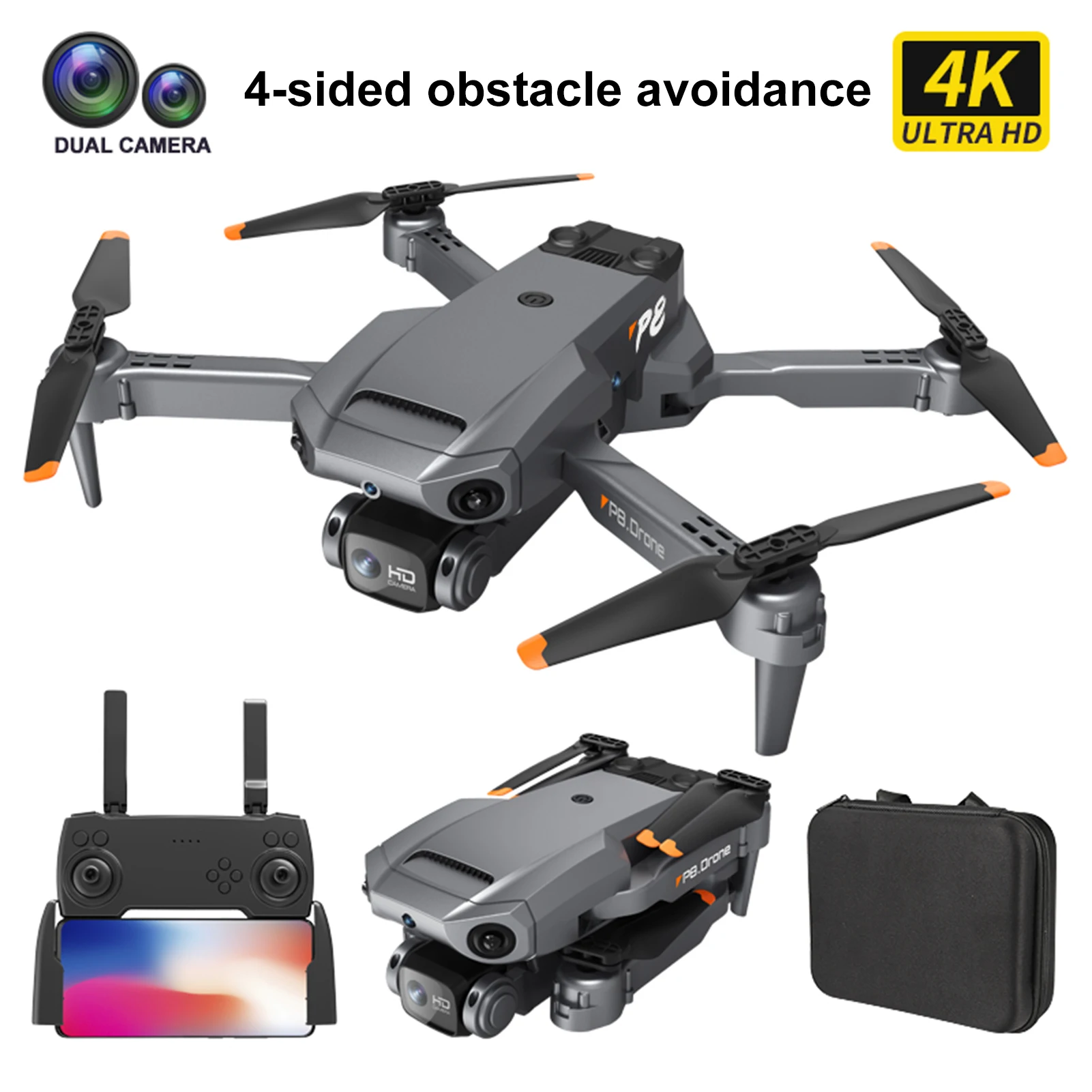 P8 RC Quadcopter مع كاميرا مزدوجة 4K ، طائرة بدون طيار بالتحكم عن بعد مع وظيفة ، 4 جوانب ، تجنب العقبات ، رحلة على الطريق ، التحكم في الإيماءات