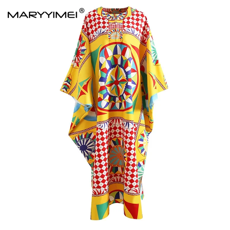 MARYYIMEI Fashion Autumn Women's Long robe loose dress Batwing Sleeve Classic Sicilian Porcelain Glaze Printing Loose Dresses