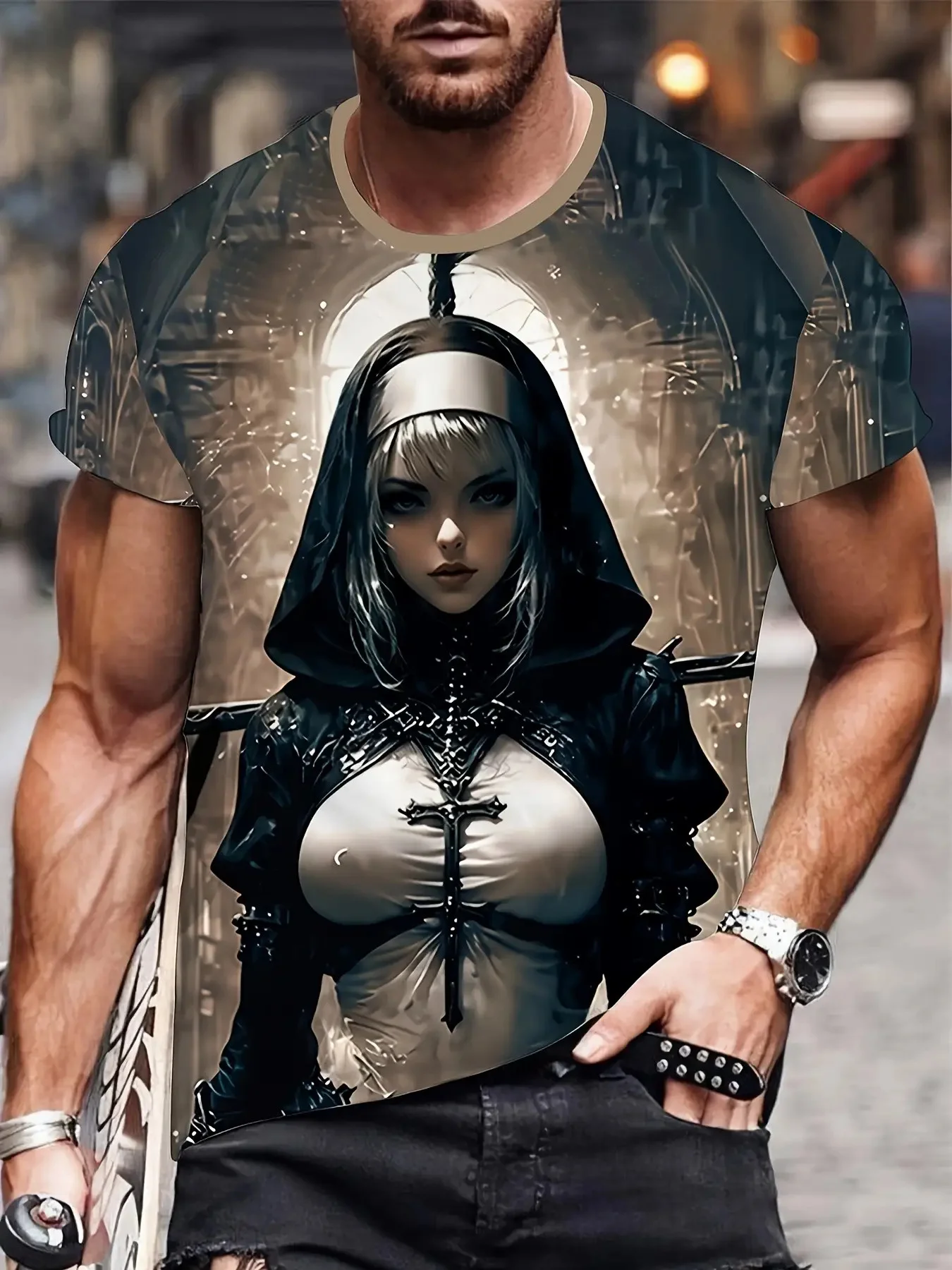 تي شيرت برسومات راهبة قوطية للرجال والنساء - فن الدير القوطي الداكن مع راهبة، تي شيرت برقبة دائرية قابلة للتنفس لجميع القديسين #1