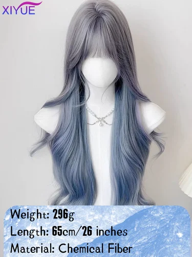 Imagen 2 del producto XIYUE-pelucas sintéticas largas y rectas con reflejos azules y grises, peluca de pelo de Cosplay con flequillo para mujer, resistente al calor Natural para uso diario