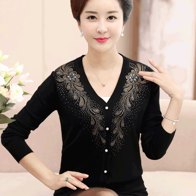 

High Quality Women's Sweaters Spring Autumn New V-neck Long-sleeved Cardigans Middle Aged Mother Diamond Knitwear Sweaters