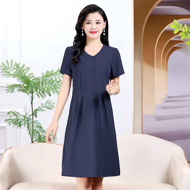 Summer Midi Dress Women Korean Vintage Solid Casual Dress 2024 Short Sleeve Elegant Party Dresses