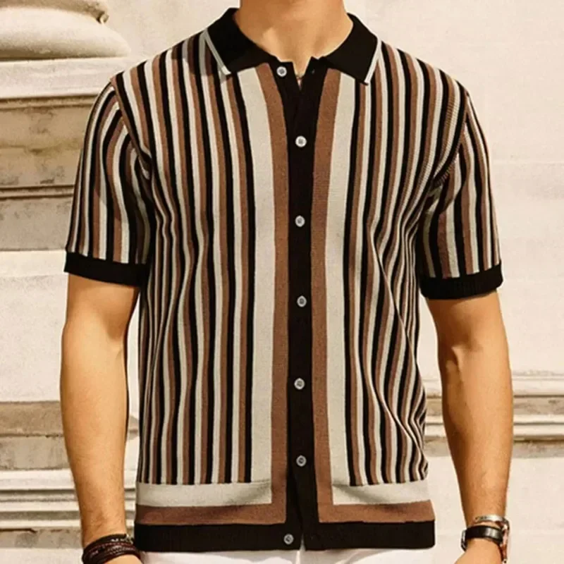 

Summer Men's Light Luxury Knitted Polo Shirt Casual Vintage Button Striped Splicing Colors Short Sleeve Fashion Leisure Knitwear