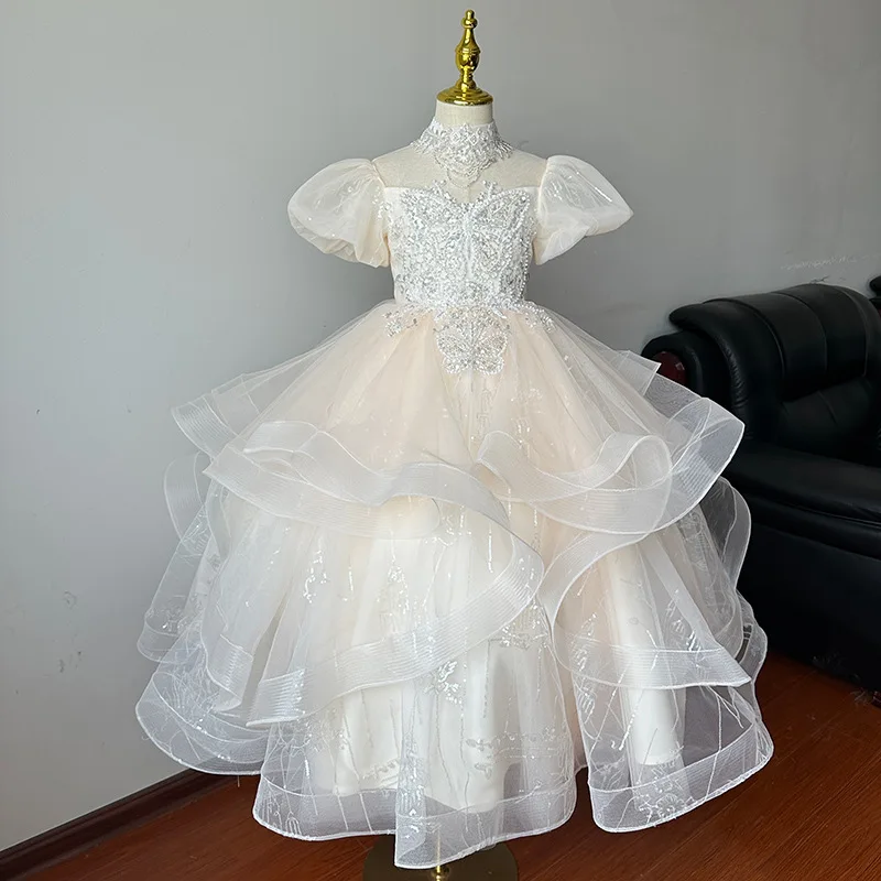 

luxury Girls Princess sequin Children Beading tutu Wedding Gown Short sleeve Kids Dresses baby infant Birthday Party Dress