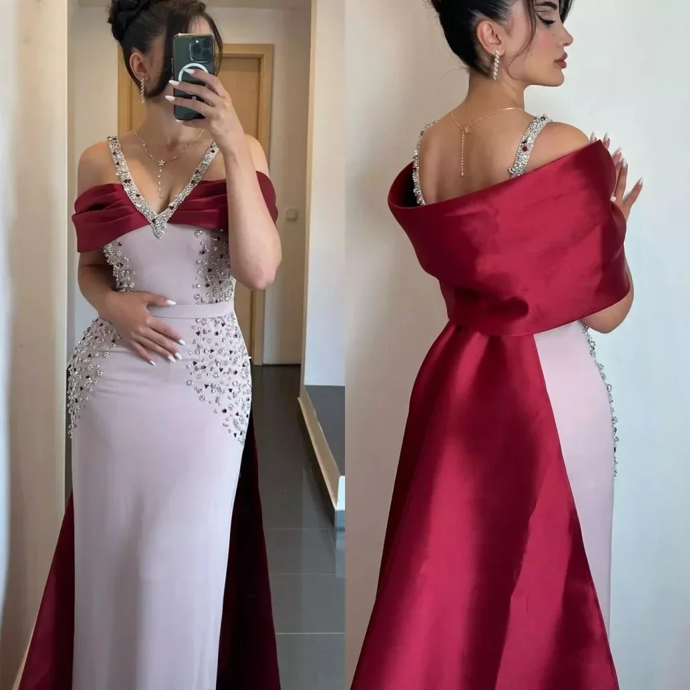 Evening Jersey Sequined Beading Ruched Beach A-line Off-the-shoulder Bespoke Occasion Gown Midi Dresses Classic Elegant Formal