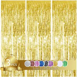 3Pcs, Backdrop Metallic Streamers Gold Foil Fringe Curtains for Birthday,Christmas,Graduation,Bachelorette Party Streamers Decor