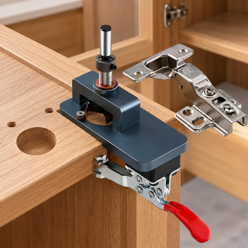 Precision Edge Clamp Fixture with Hardened Drill Guides for Installing 35mm Cabinet and Furniture Hinges