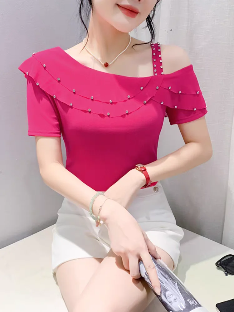 Summer T Shirts Women Short Sleeve Ruffles Skew Collar Tshirt Femme Off Shoulder Stretchy Irregular Slim Tees