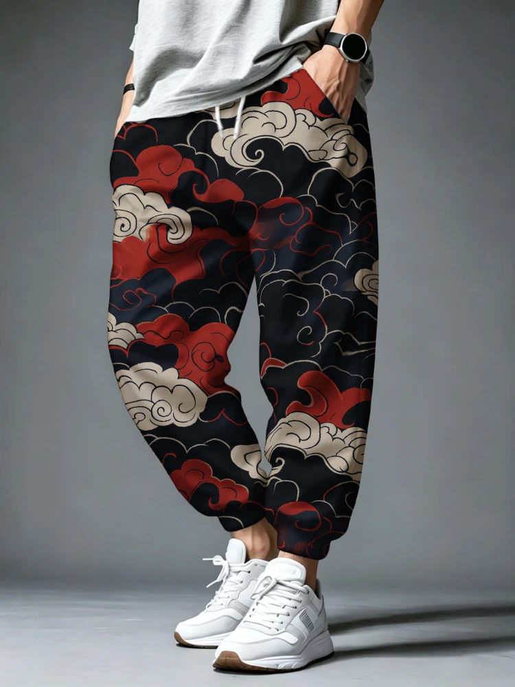 Men's Japanese Harem Pants Fashion Cloud Art Print Loose Drawstring Waist Sweatpants Oversized 2026 Man Wide Sports Long Trouser