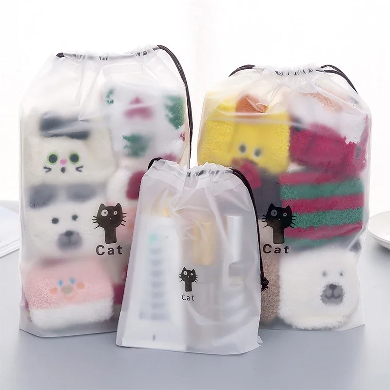 1PC Transparent Drawstring Travel Cosmetic Storage Bag Cute Cartoon Cactus Cat Women Toiletry Organizers Outdoor Make Up Bag