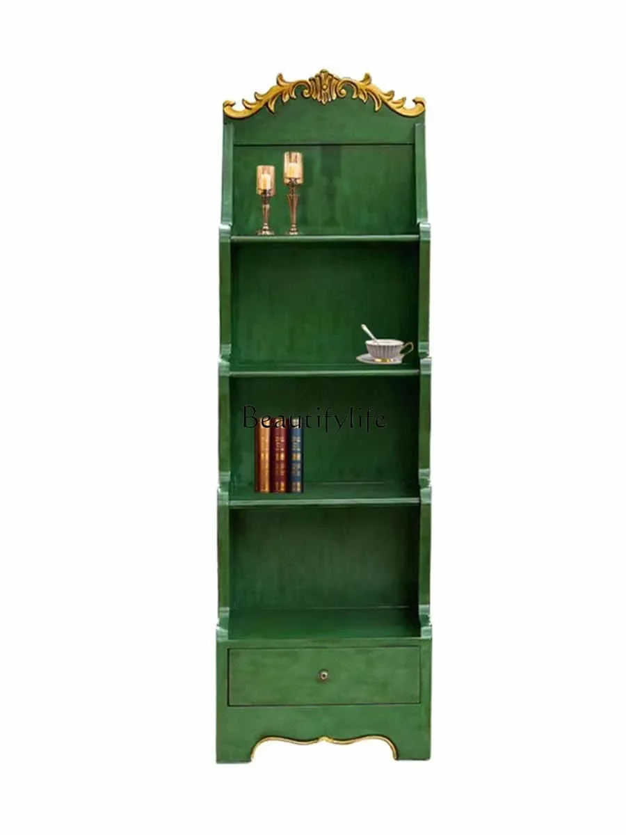 

FG40American Country Floor-Standing Rack Bookcase Solid Wood Vintage Green Magazine Music Spectrum Storage Narrow and High