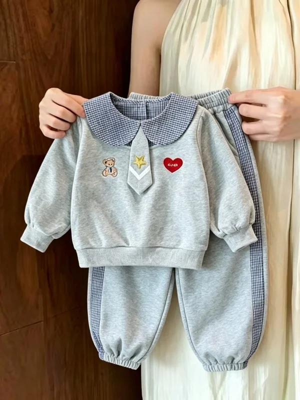 Spring Autumn Plaid Bear Heart Children's Fashionable Two-Piece Set Girls' Casual Sportswear Ensemble Pure E-commerce Item