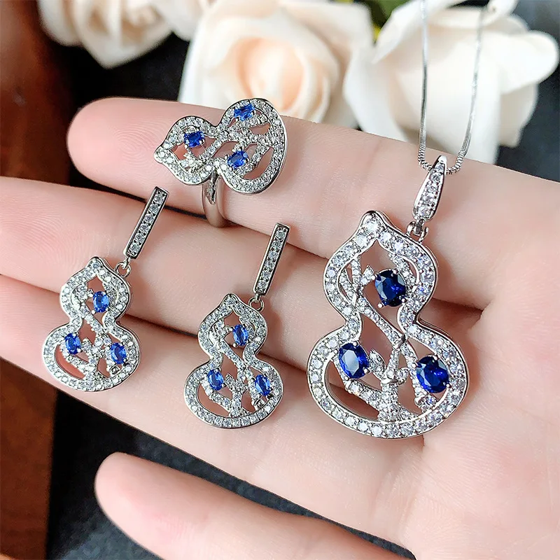 

New suit jewelry chain gourd clavicle 925 silver needle earrings ring inlay temperament retro women's