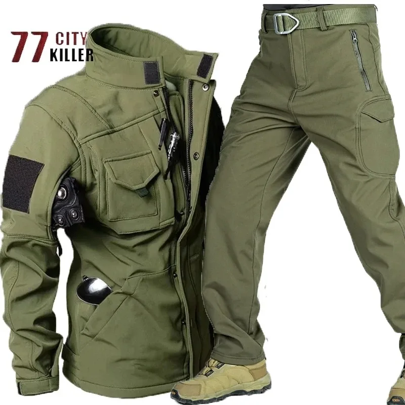 Tactical Shark Skin Standing Collar Men\'s Set Multi Pocket Zipper Windproof Waterproof Coat Men Outdoor Sports Fleece Warm Pants