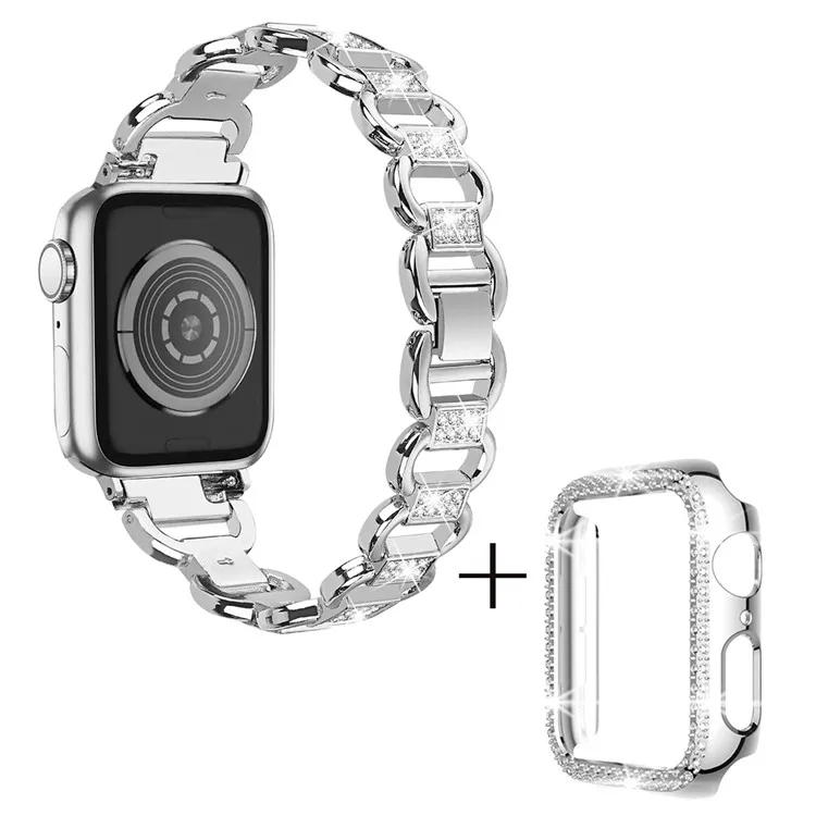 

For Apple Watch Series 4 / 5 / 6 / SE / SE (2022) 40mm Rhinestones Decor Oval Alloy Replace Watch Band + PC Watch Frame - Silver