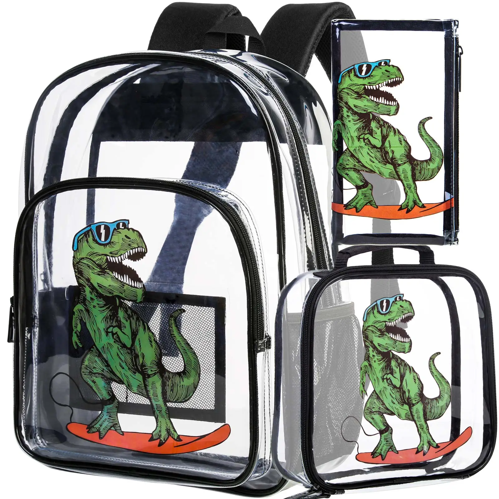 3 Buah Tas Ransel Transparan untuk Anak Laki-Laki, Tas Buku Transparan Motif Dinosaurus, Tas Ransel Tembus Pandang yang Lucu dengan Tas Makan Siang