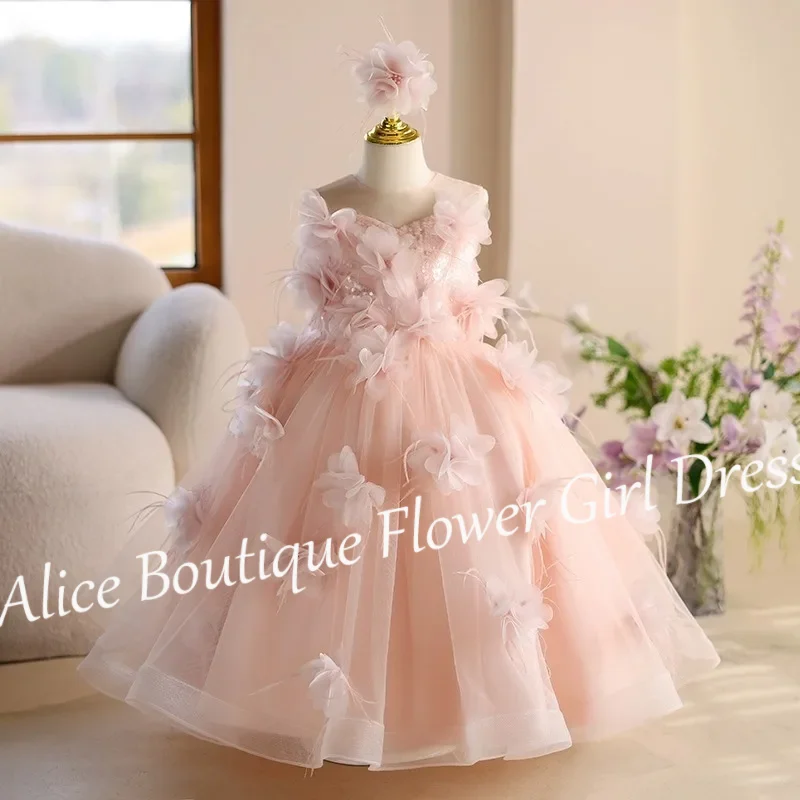 

Princess Pink Sleeveless Flower Girl Dress Appliques A-Line Sequined Tulle Dresses For Girls First Communion Birthday Party Gown