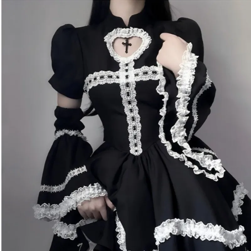 

Nun Cosplay Costume Black Tutu Dress Uniform Maid Heart-shaped Cutout Dresses with Sleeves for Women Halloween Theme Party