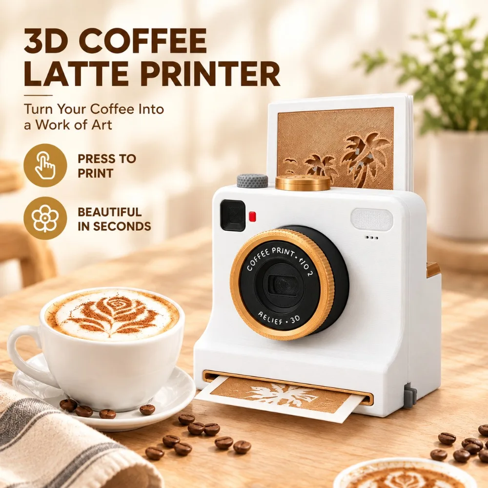 3D Printed Coffee Printer Latte Art Camera 4 Randomly Card Papers One Touch Press Coffee Powder Holiday Gift for Coffee Lovers