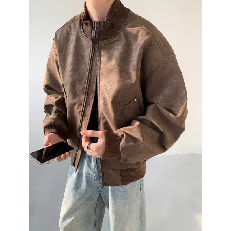 

American Retro ort Loose Stand Collar Motorcycle Leather Jaet Men Casual Design Cool Pilot Leather Jaet